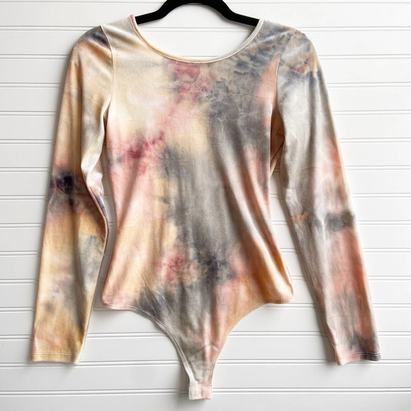 Le Lis Tops - Le Lis Small Pink Blue Velvet Tie Dye Open Back Crew Long Sleeve Thong Bodysuit